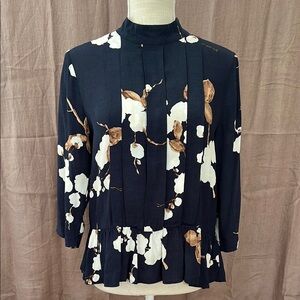 Ganni Navy Blue Pleated 3/4 Sleeve Mandarin Collar Blouse